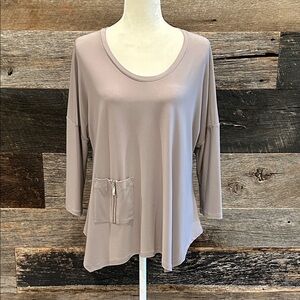 BY JJ Taupe Top with Drop Shoulder and Front Zip Pocket Detail.  Large